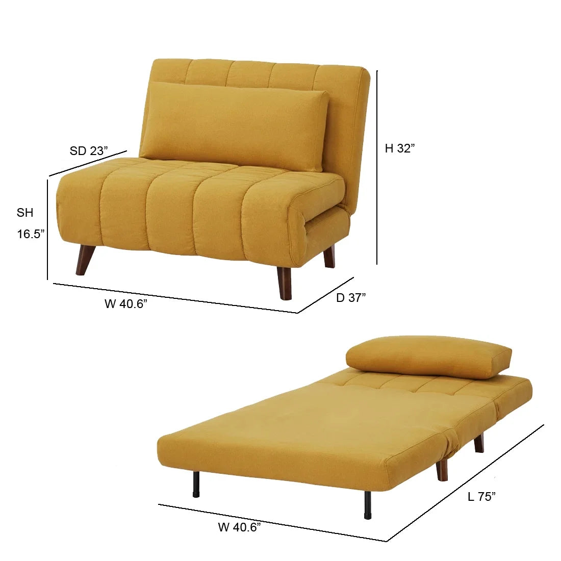 A&D Home Springfield Polyester Convertible Futon Chair, Yellow