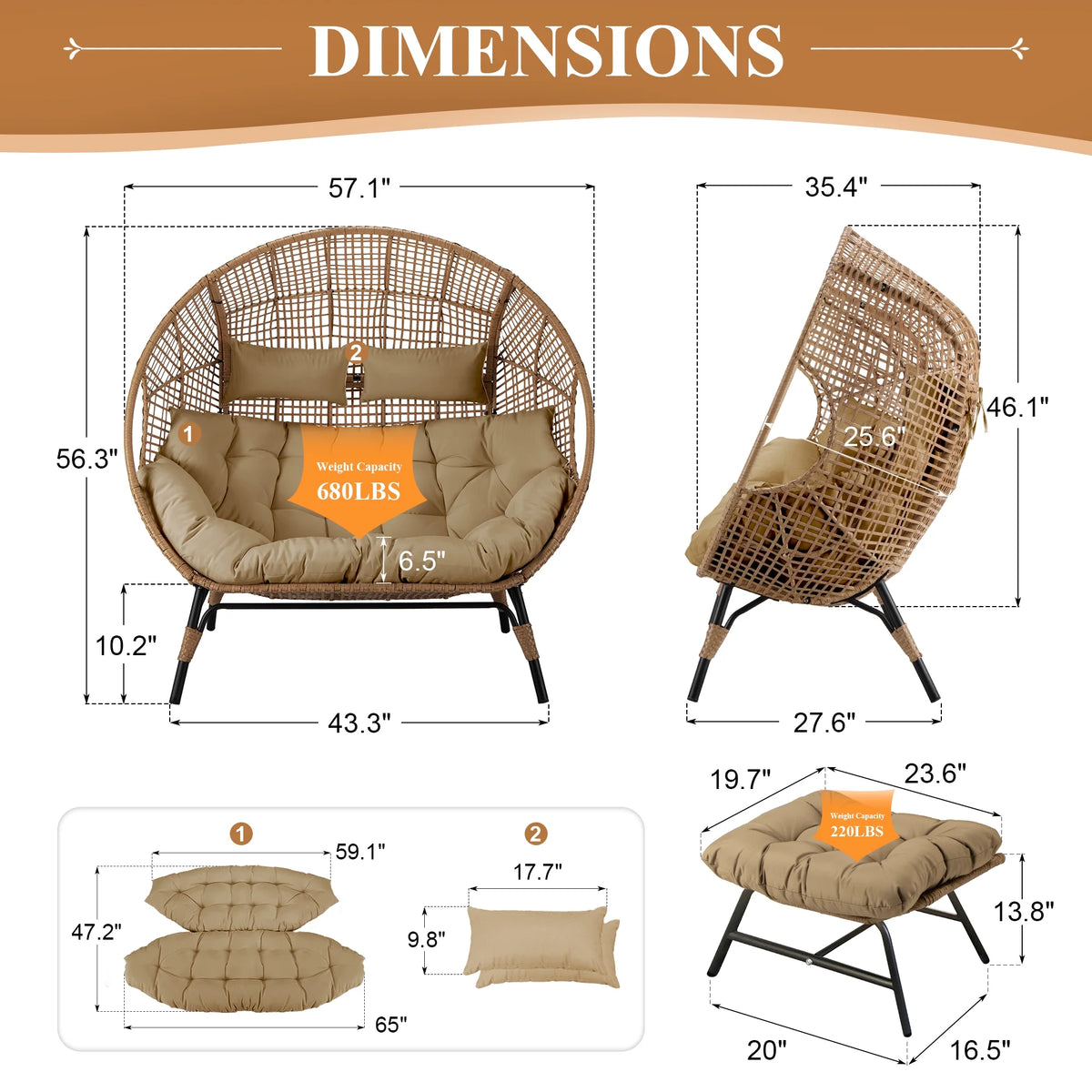 RADIATA 440 lbs Outdoor Egg Chair with Foot Rest & Ottoman, Wicker Patio Egg Chair for Indoor or Garden,Beige