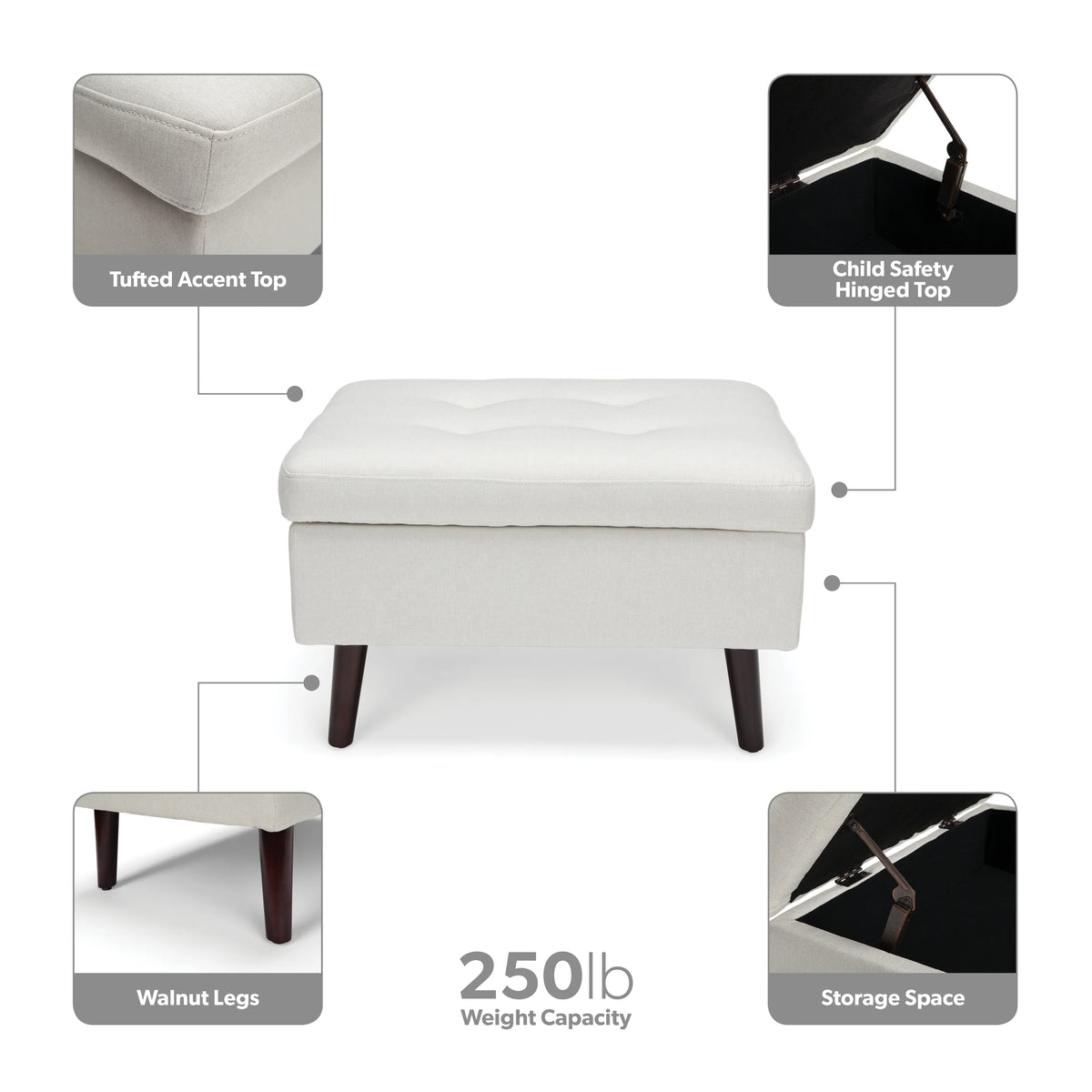 OFM Mid Century Modern Tufted Fabric Storage Ottoman, Walnut Legs, in Beige