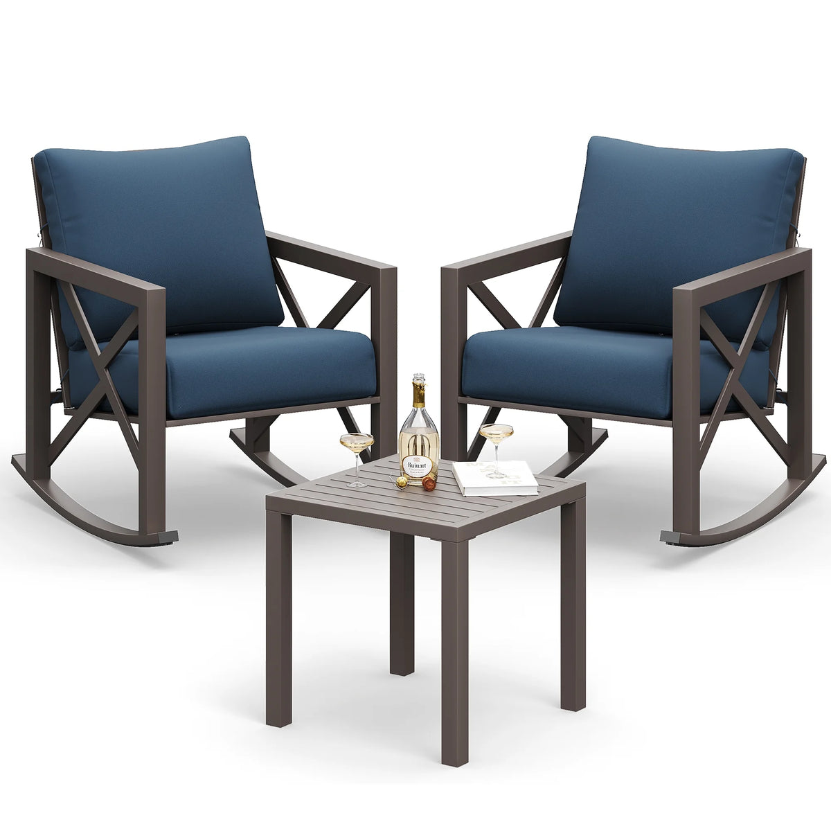 MRUAKA Rocking Chair Bistro Set,3 Piece Outdoor Patio Furniture Set with 2 Rockers and 1 Metal Coffee Table with Thick Cushions for Porch,Backyard,Poolside,Beige
