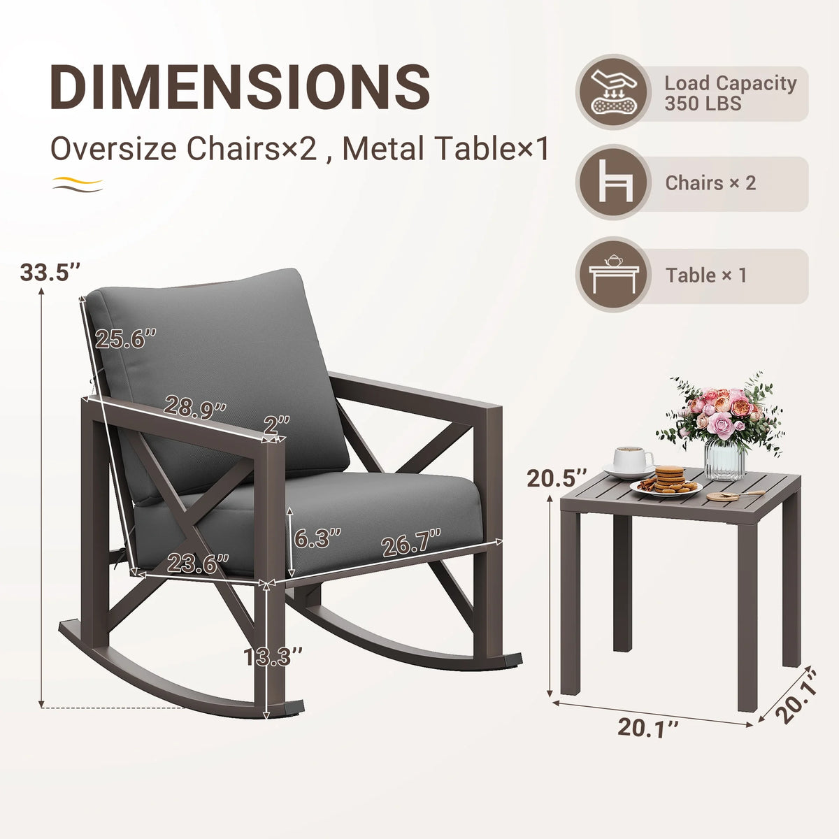 MRUAKA Rocking Chair Bistro Set,3 Piece Outdoor Patio Furniture Set with 2 Rockers and 1 Metal Coffee Table with Thick Cushions for Porch,Backyard,Poolside,Beige