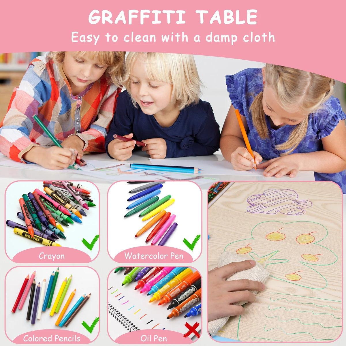 LAZY BUDDY Kids Table and 4 Chairs Set, Height Adjustable Toddler Desk with Graffiti Desktop, Kids Activity Table Set for Daycare, Home