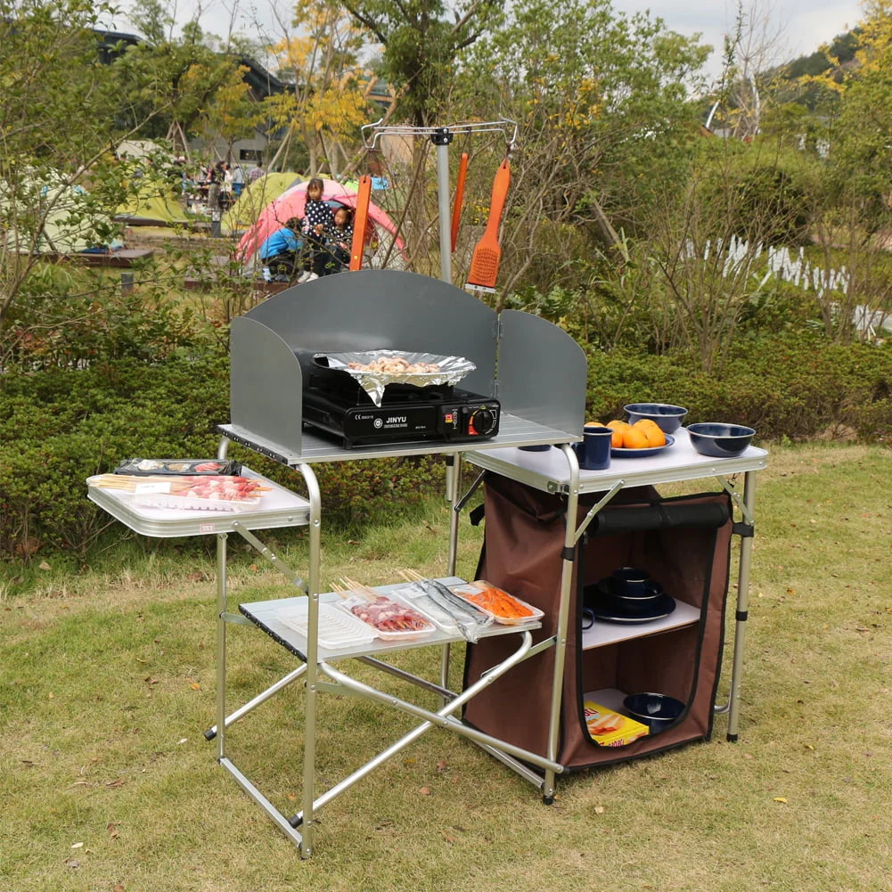 Folding Cooking Table Outdoor Portable Cook Station Aluminum Camping Kitchen with Storage Organizer,Silver