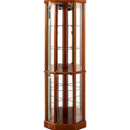 Walnut Cabinet With 6 Shelves, Adjustable Glass & Mirrored Back Design Shelf Lighted Corner Curio Shelves In