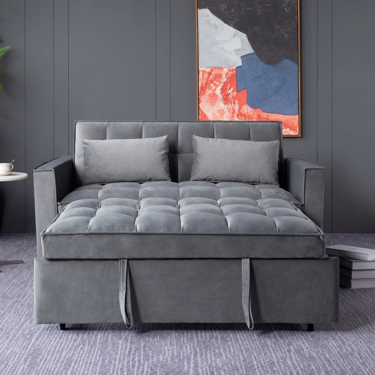Gewnee 55'' Modern Convertible Velvet Sofa Bed with Pull-Out Twin Bed, Adjustable Backrest for Living Room, Office (Dark Gray)