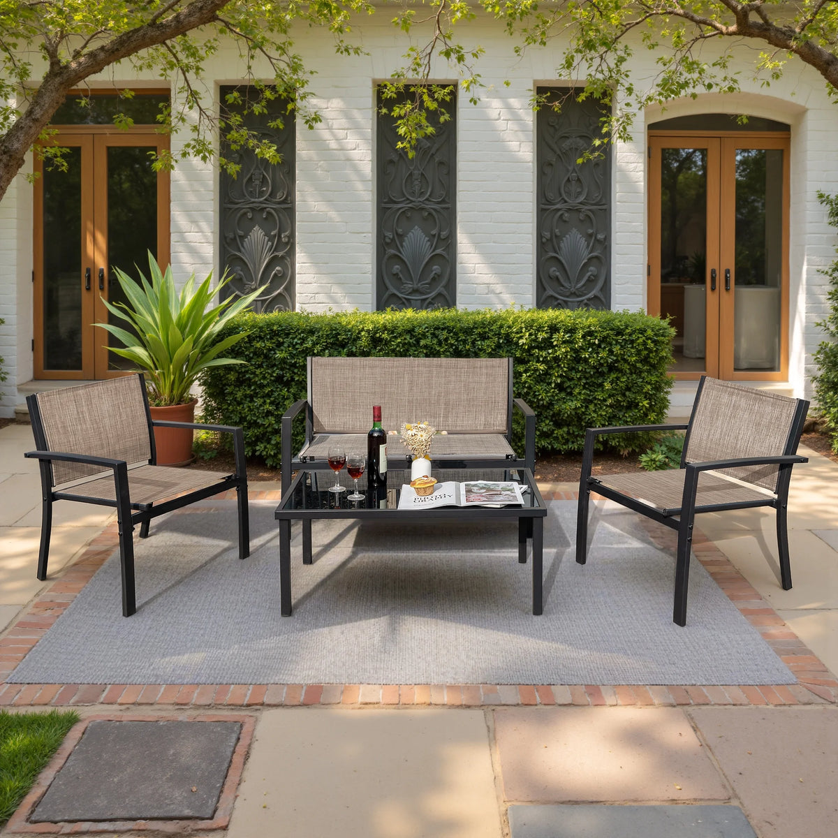 LACOO 4 Pieces Outdoor Furniture Set Patio Textilene Steel Conversation Set with Loveseat Tea Table for Lawn and Balcony, Black