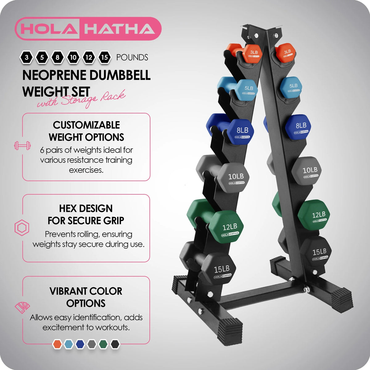 HolaHatha Neoprene Dumbbell Weight Set with Rack (Black), 112.5 lb