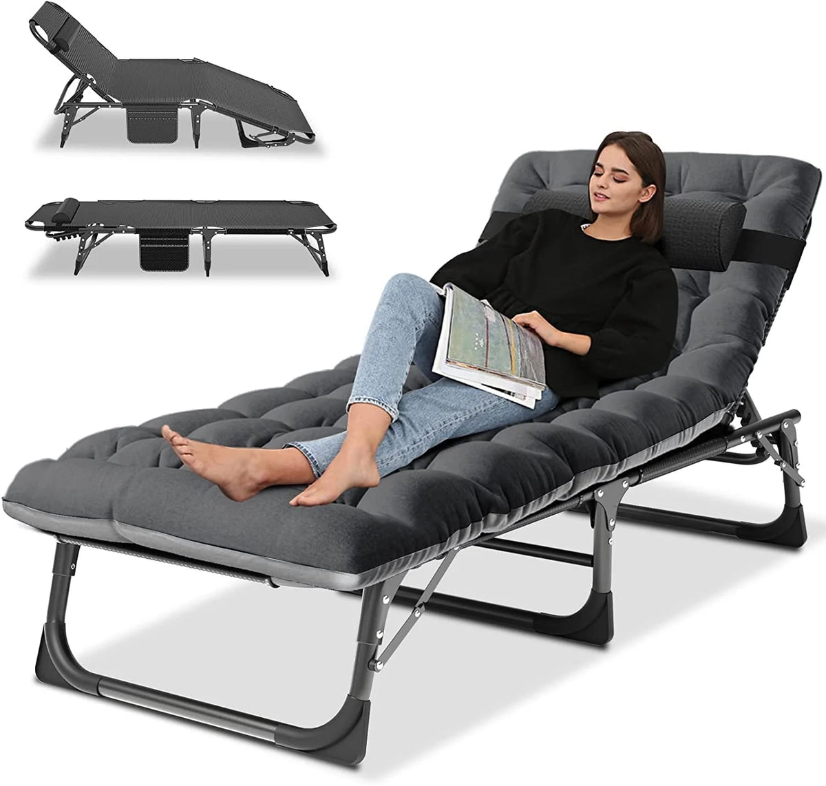 SLSY Folding Camping Cot with 2 Sided Cushion & Pillow, Adjustable 5-Position Outdoor Portable Folding Lounge Chair, Folding Sleeping Cots Bed