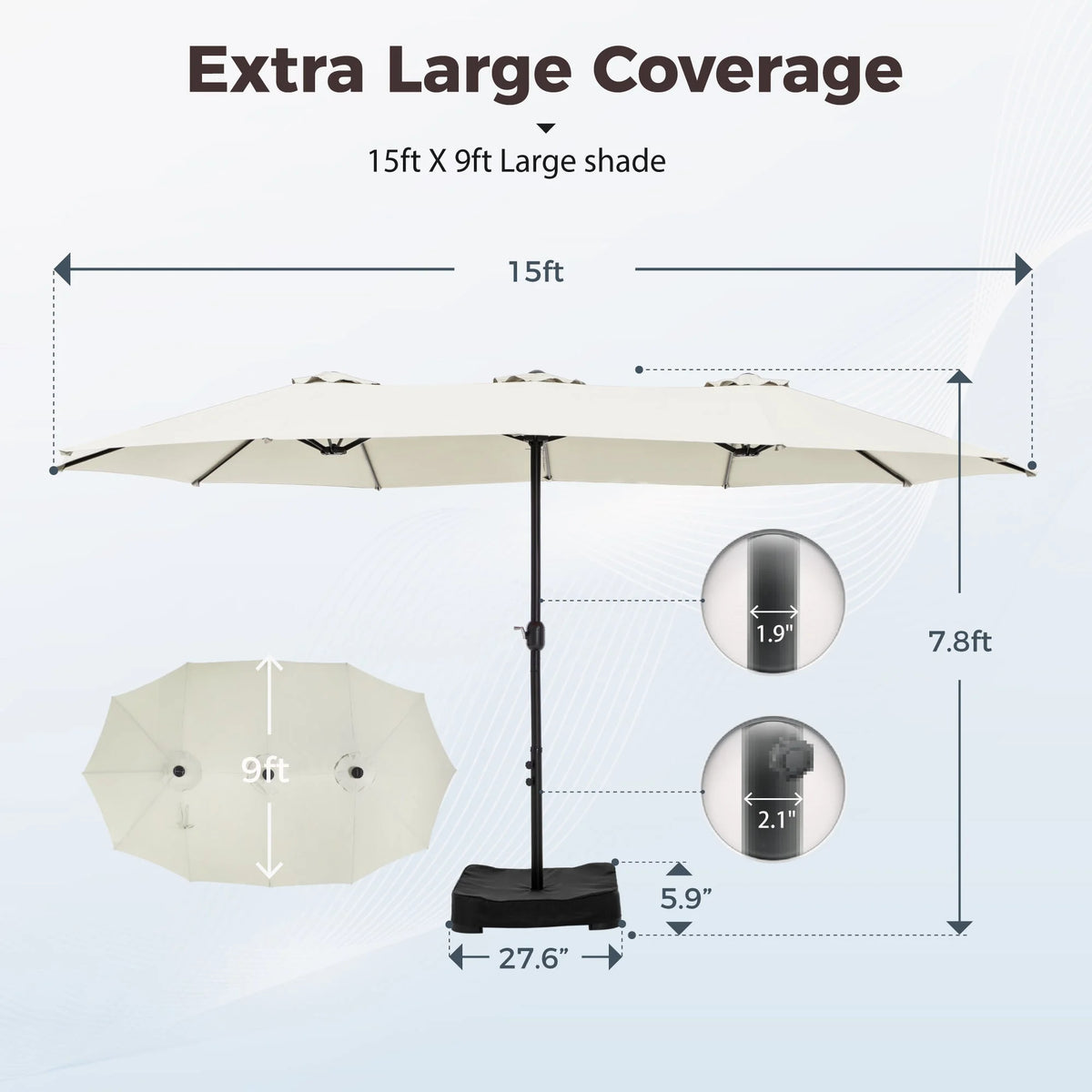 Alpha Joy 15ft Outdoor Patio Umbrella Extra-Large Double-Sided Garden Umbrella with Crank Handle and Base - Smoky Gray