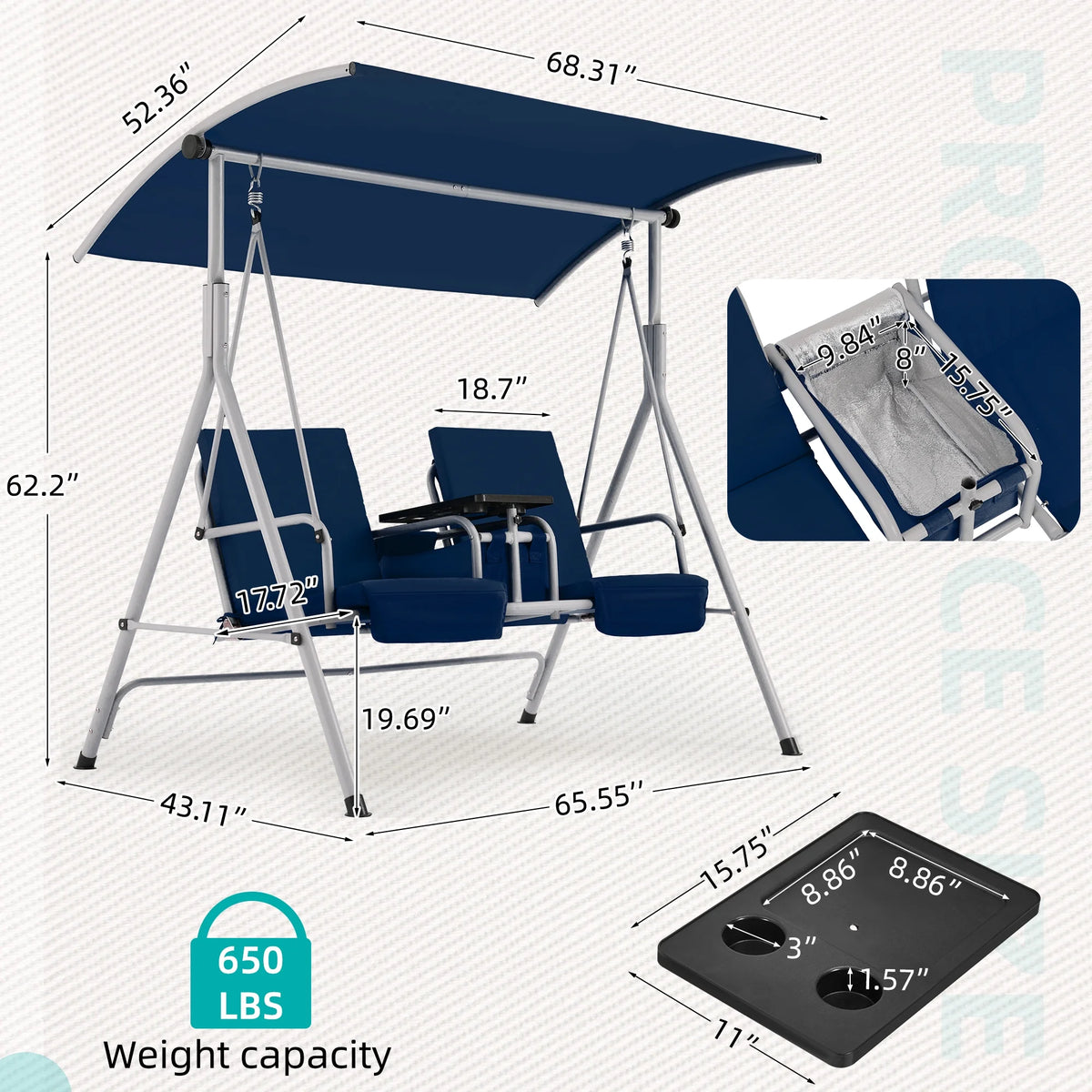 HOMREST Patio Swing with Adjustable Canopy��Heavy Duty 650 LBS Outdoor Swing with Pivot Storage Table & 4 Cup Holders & Cushions for Yard, Lawn, Backyard, Navy Blue
