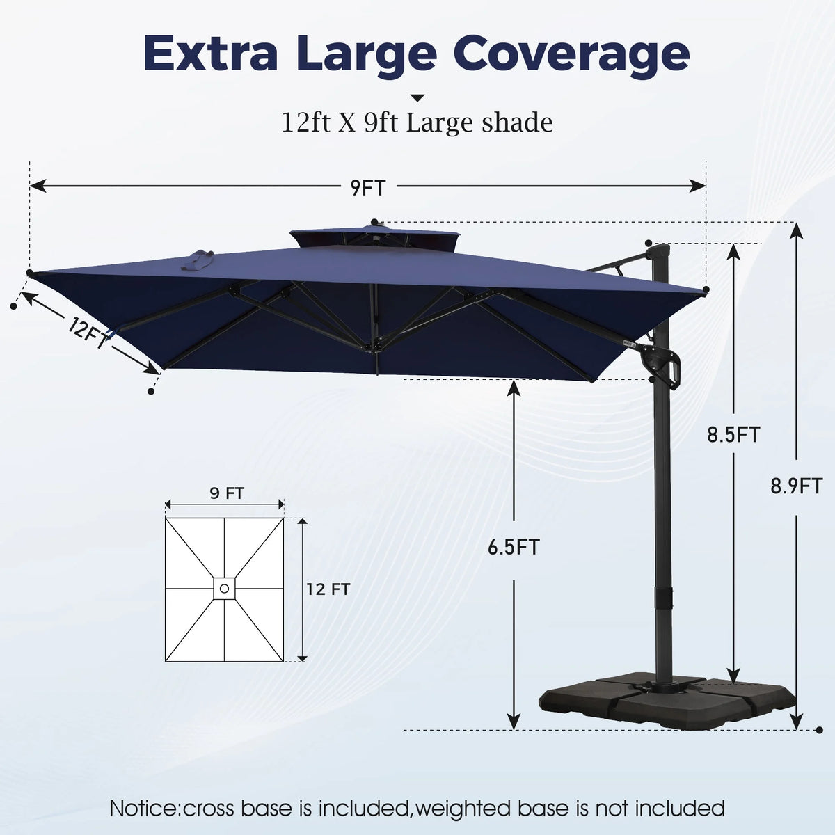 Alpha Joy 12x9ft Outdoor Patio Umbrella Large Rectangle Offset Cantilever Double Umbrella with 360°Rotation, Beige