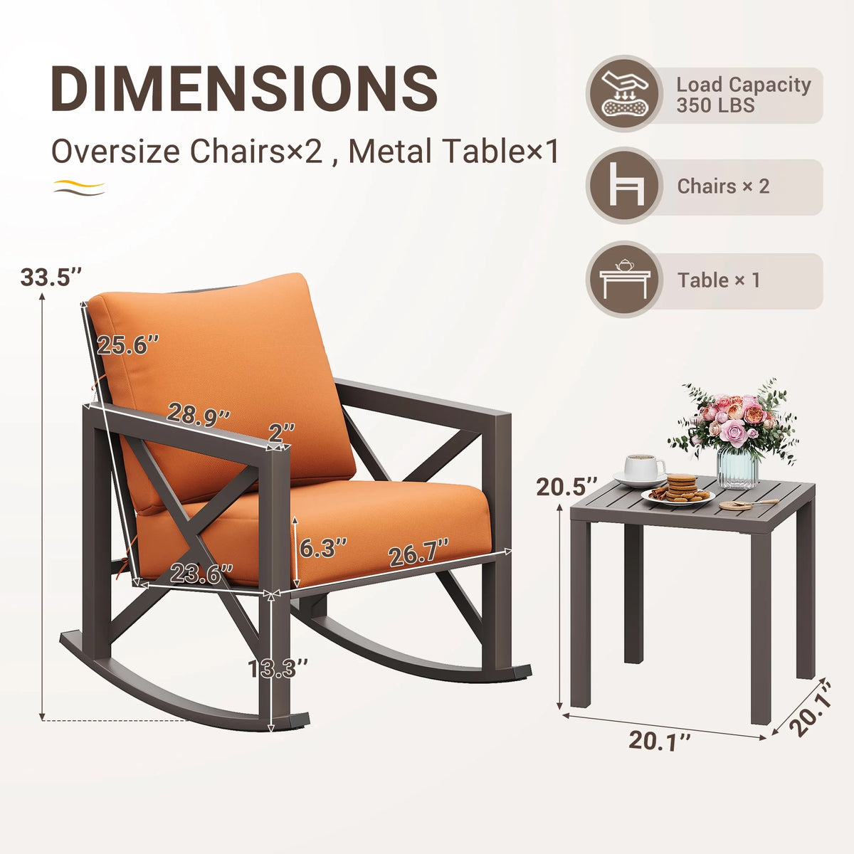 MRUAKA Rocking Chair Bistro Set,3 Piece Outdoor Patio Furniture Set with 2 Rockers and 1 Metal Coffee Table with Thick Cushions for Porch,Backyard,Poolside,Beige