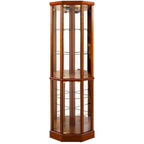 Walnut Cabinet With 6 Shelves, Adjustable Glass & Mirrored Back Design Shelf Lighted Corner Curio Shelves In