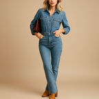Denim long sleeve jumpsuit shown from the front on a plain backdrop
