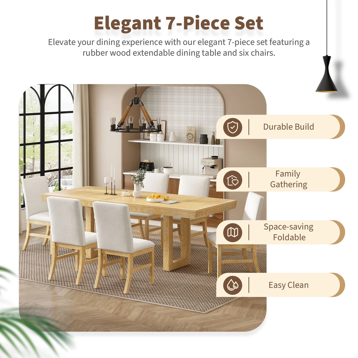 Harper & Bright Designs Farmhouse 7 Pieces Extendable Dining Table Set for 6, Solid Wood Kitchen Table with Butterfly Leaf and 6 Upholstered Chairs, Brown