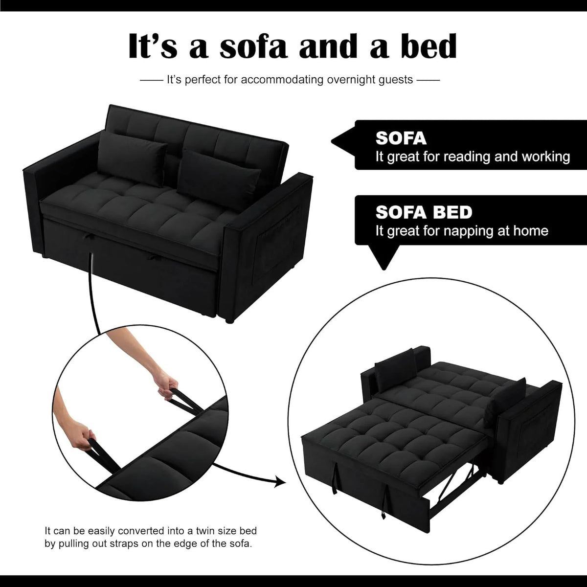 Gewnee 55'' Modern Convertible Velvet Sofa Bed with Pull-Out Twin Bed, Adjustable Backrest for Living Room, Office (Dark Gray)
