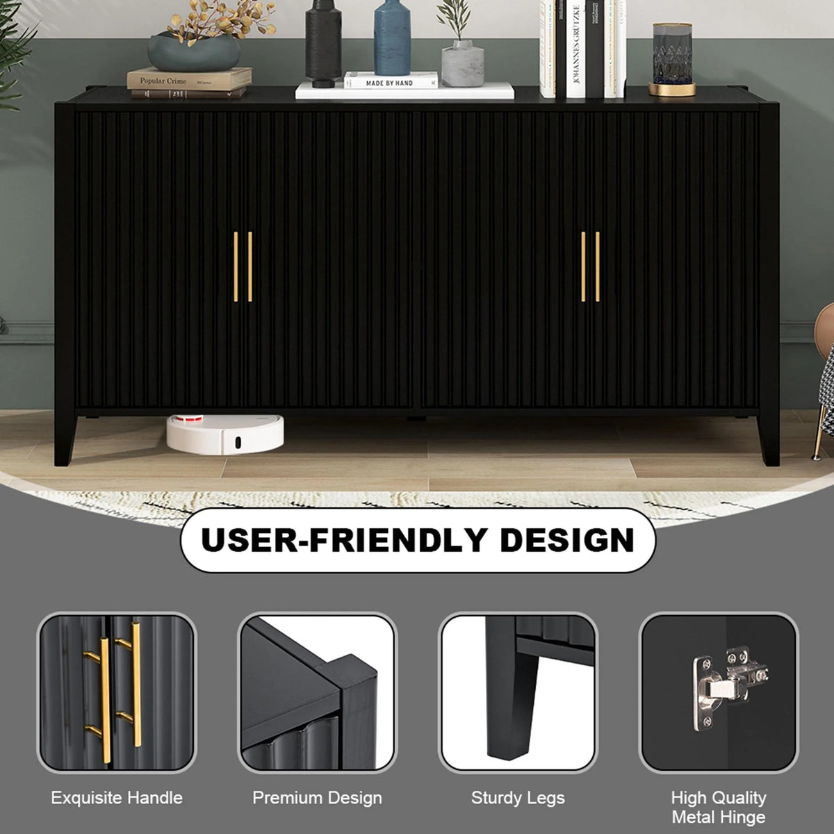 Black Accent Cabinet, Atumon Storage Cabinet Furniture, Modern Buffet Sideboard, Wooden Accent Cabinet with 3 Doors, Accent Storage Cabinet for Entryway Hallway Living Room, 48"L x 17.7"W x 31.9"H