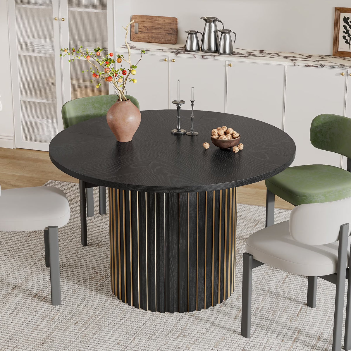 Modern Round Dining Table, 47 Inch Small Circle Kitchen Tables for 4-6, Wood Strip Base, Farmhouse Table for Kitchen, Dinning Room, Walnut