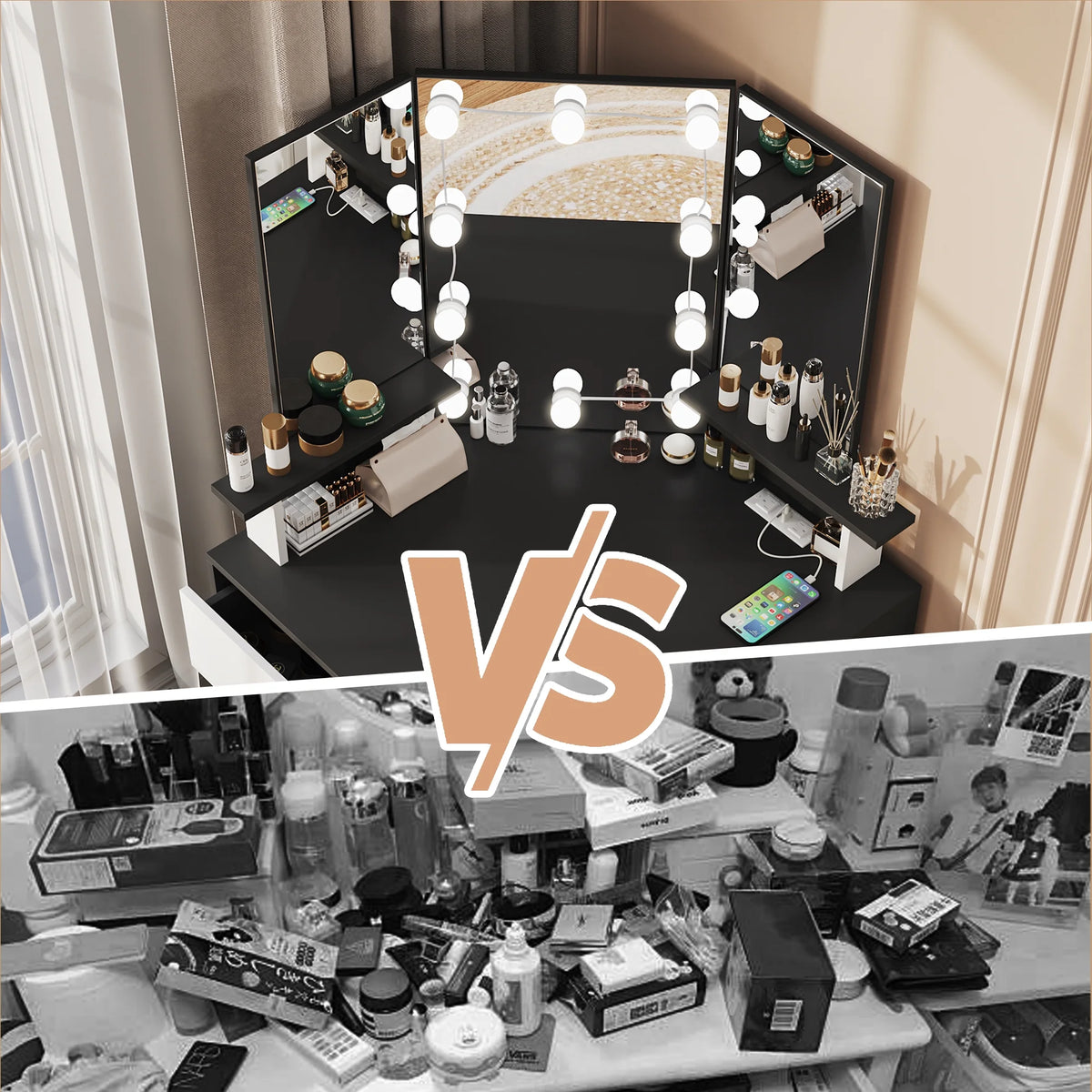 Veanerwood White Corner Vanity Desk with Mirror and Light,Makeup Table with 4 Drawers and Charging Station for Bedroom