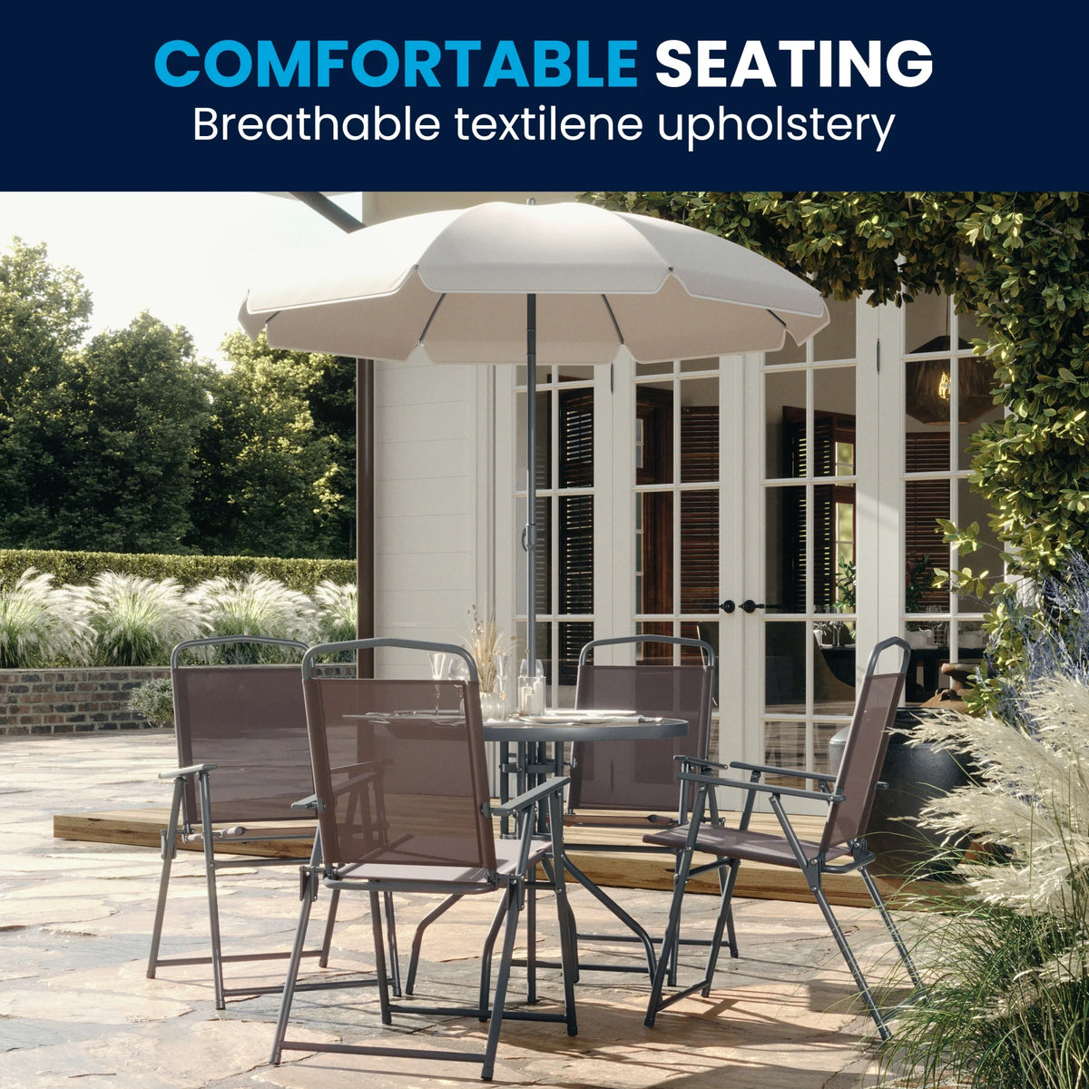 Flash Furniture Nantucket 6 Piece Black Patio Garden Set with Umbrella Table and Set of 4 Folding Chairs