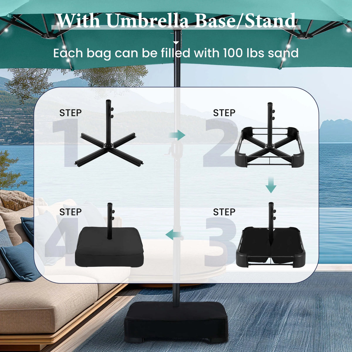 Summit Living 15 FT Double-Sided Solar Patio Umbrella with Base Large Outdoor Umbrella with LED Solar Lights - Haze Blue