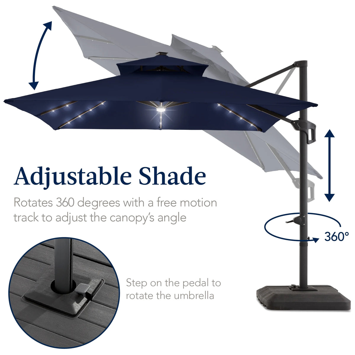 Best Choice Products 12x12ft 2-Tier Square Outdoor Solar LED Cantilever Umbrella w/ 360-Rotating Base   Navy Blue