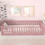 UHOMEPRO Twin Size Floor Bed with Door and Fence, Montessori Floor Bed with Slats and Safety Guardrails, Solid Wood Twin Bed Frame for Bedroom, White