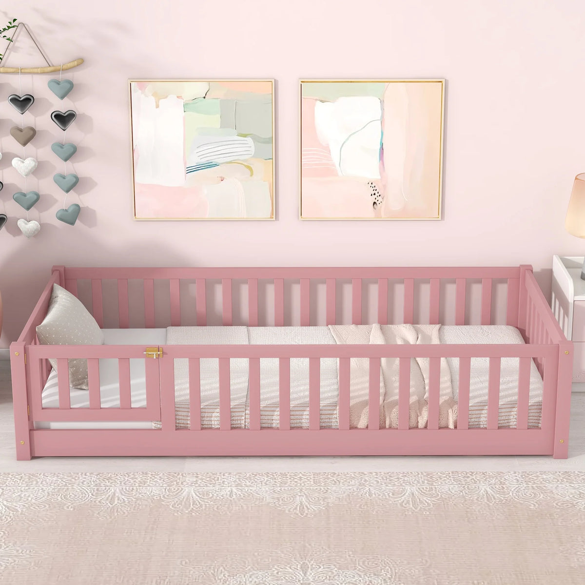 UHOMEPRO Twin Size Floor Bed with Door and Fence, Montessori Floor Bed with Slats and Safety Guardrails, Solid Wood Twin Bed Frame for Bedroom, White