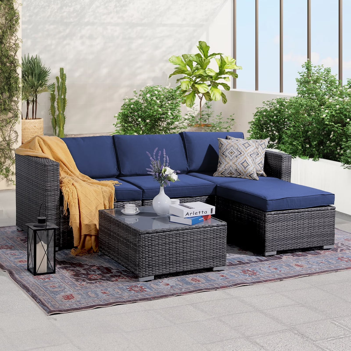 Patiorama 5-Piece Patio Furniture Set, Outdoor Sectional Conversation Set, All-Weather Grey PE Wicker with Light Grey Cushions, Backyard Porch Garden