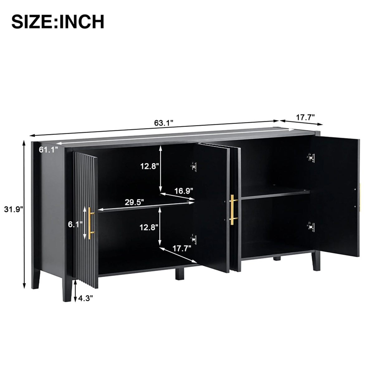 Black Accent Cabinet, Atumon Storage Cabinet Furniture, Modern Buffet Sideboard, Wooden Accent Cabinet with 3 Doors, Accent Storage Cabinet for Entryway Hallway Living Room, 48"L x 17.7"W x 31.9"H