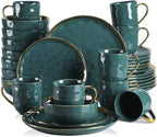 LOVECASA Dinnerware Sets, Stoneware Dinner Set for 8, 32-Piece Round Dark Green and Gold, Series Sweet