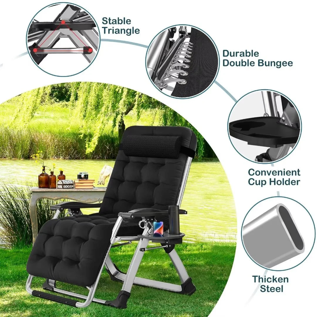 NAIZEA 2 Pack Zero Gravity Chair, Foldable Portable Lawn Recliner with Cushion, Headrest, Cup Holder, Black
