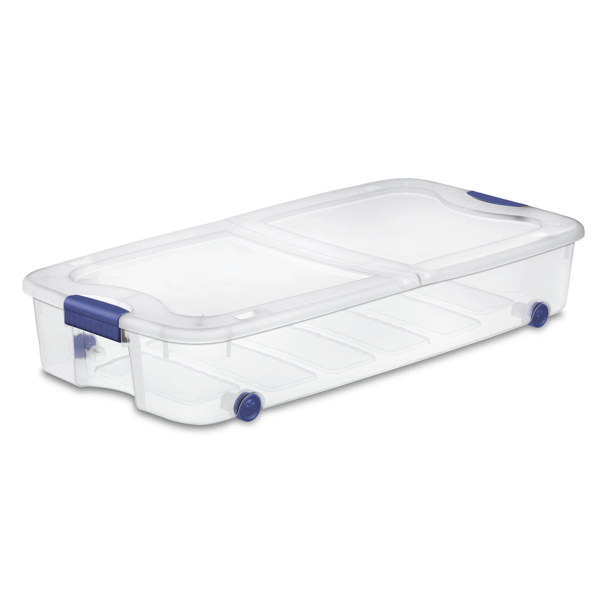 Sterilite 66 Quart Wheeled Latch Box, Clear Underbed Storage Bin with Lid, Blue, 4 Count