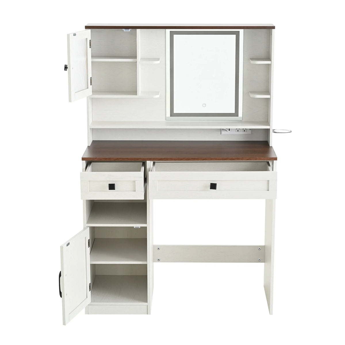 Farmhouse Makeup Vanity Desk with Mirror and Lights,Dressing Table Set with Charging Station and Stool,Drawers,Shelves and Side Cabinet,White