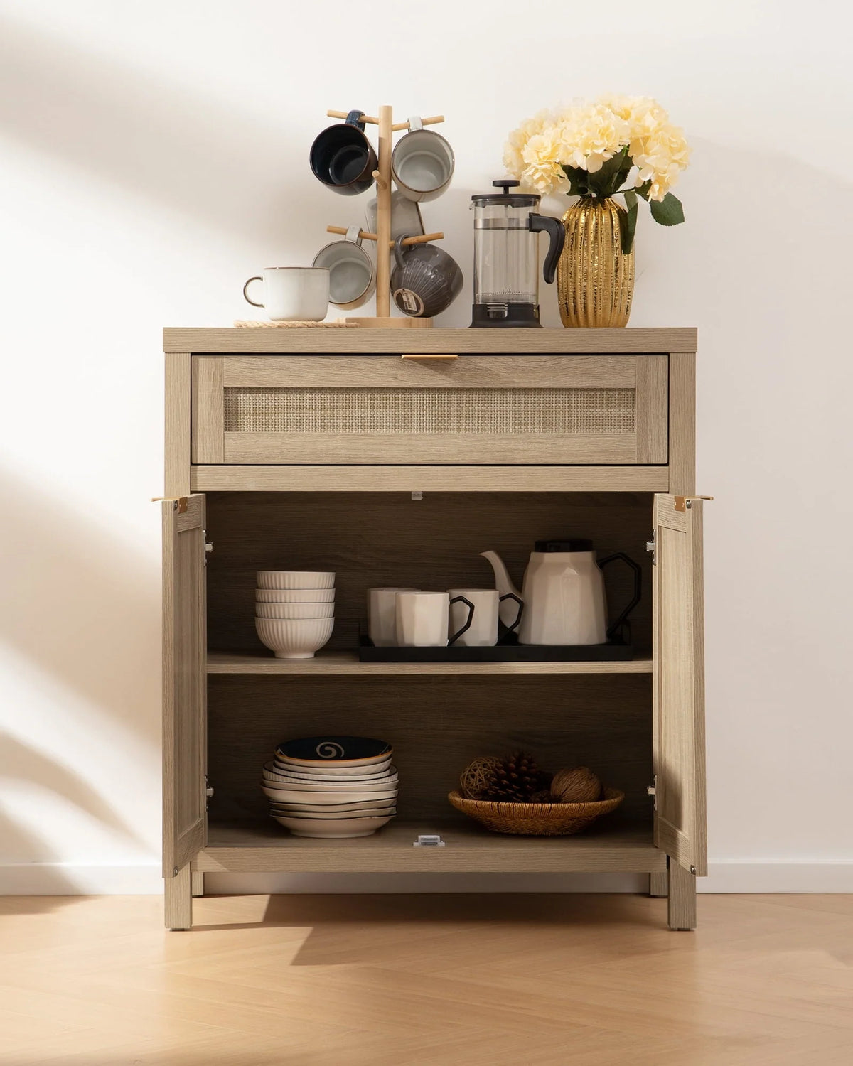 Nopurs Rattan Sideboard Buffet Cabinet Set of 2,Boho Storage Cabinet Buffet Table with Doors and Drawer,Coffee Bar Cabinet for Kitchen Entryway Living Dining Room,Light Oak