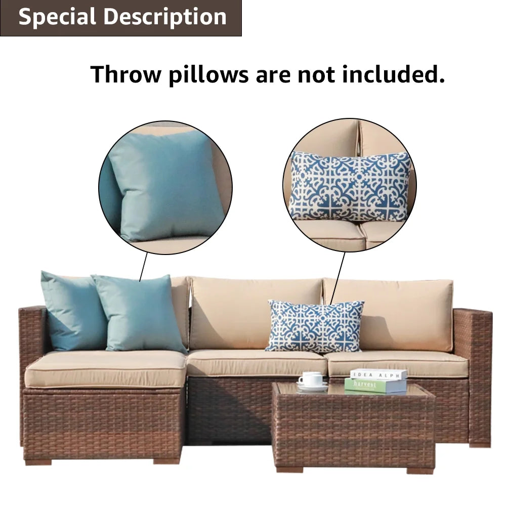 Patiorama 5-Piece Patio Furniture Set, Outdoor Sectional Conversation Set, All-Weather Grey PE Wicker with Light Grey Cushions, Backyard Porch Garden