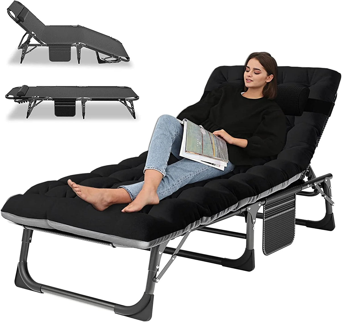 SLSY Folding Camping Cot with 2 Sided Cushion & Pillow, Adjustable 5-Position Outdoor Portable Folding Lounge Chair, Folding Sleeping Cots Bed