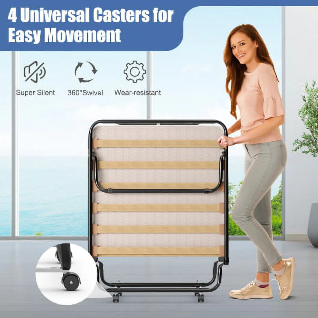 Portable Folding Bed with Memory Foam Mattress and Sturdy Metal Frame Made in Italy-Beige