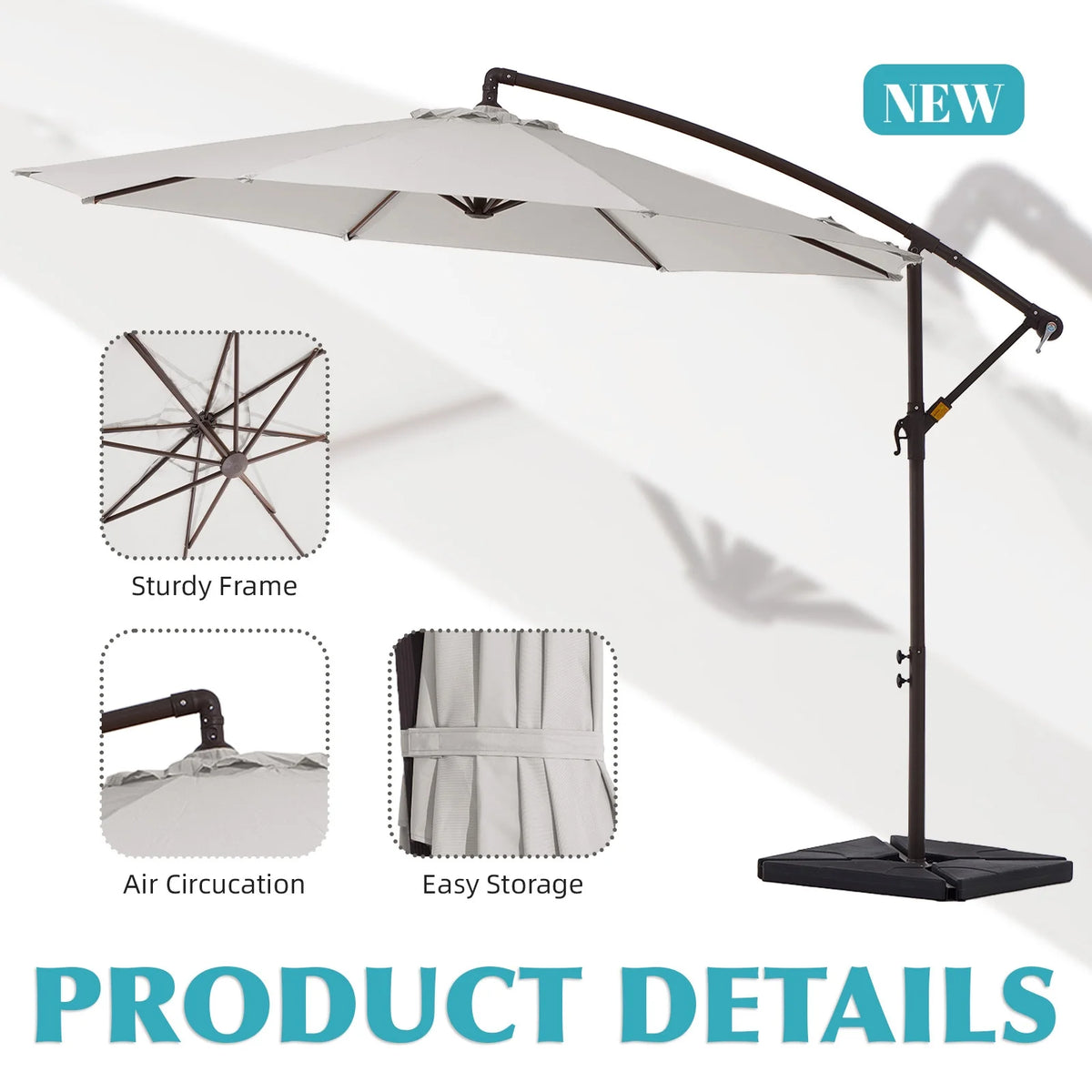 JUSTLET 10ft Heavy Duty Patio Hanging Offset Cantilever Patio Umbrella W/ 4-Piece Base Included Included, Beige