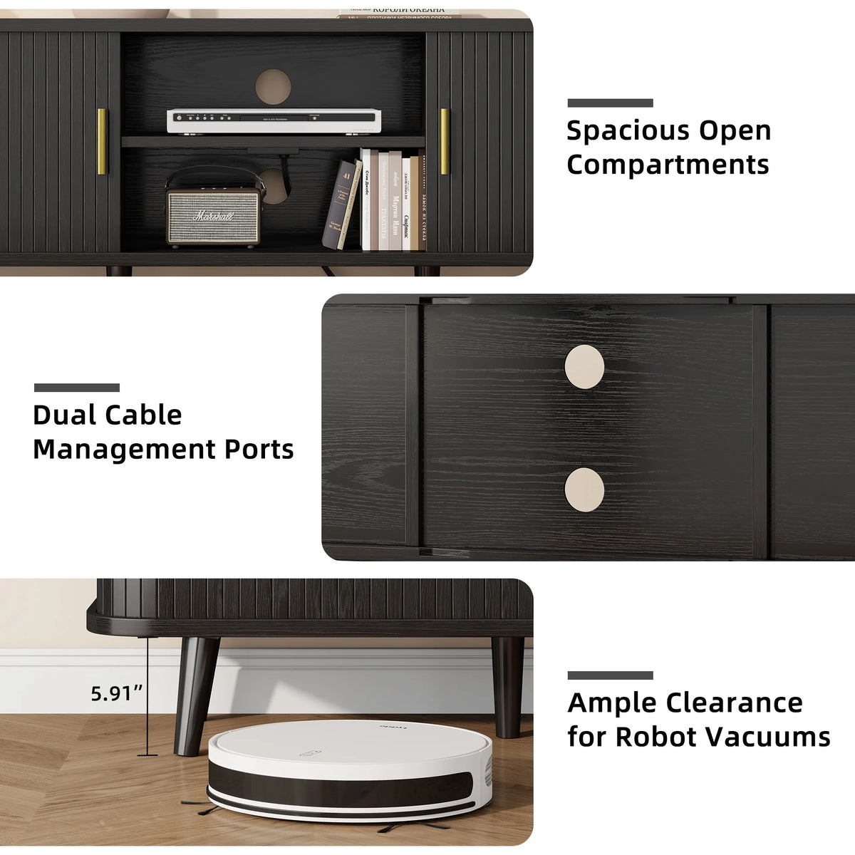 Laintene 59" TV Stand, Fluted TV Stand for TVs up to 65", Entertainment Center with Storage and Sliding Doors, Modern Media Console with Power Outlet for Living Room, Walnut