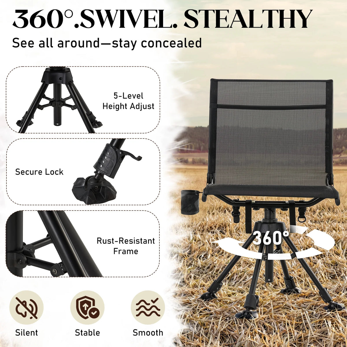 Danrelax 360�� Silent Camo Hunting Blind Chair, Armrests, Side Pouch, Telescopic Legs