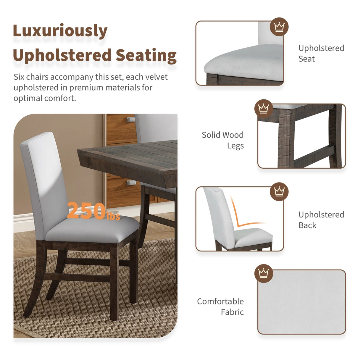 Harper & Bright Designs Farmhouse 7 Pieces Extendable Dining Table Set for 6, Solid Wood Kitchen Table with Butterfly Leaf and 6 Upholstered Chairs, Brown