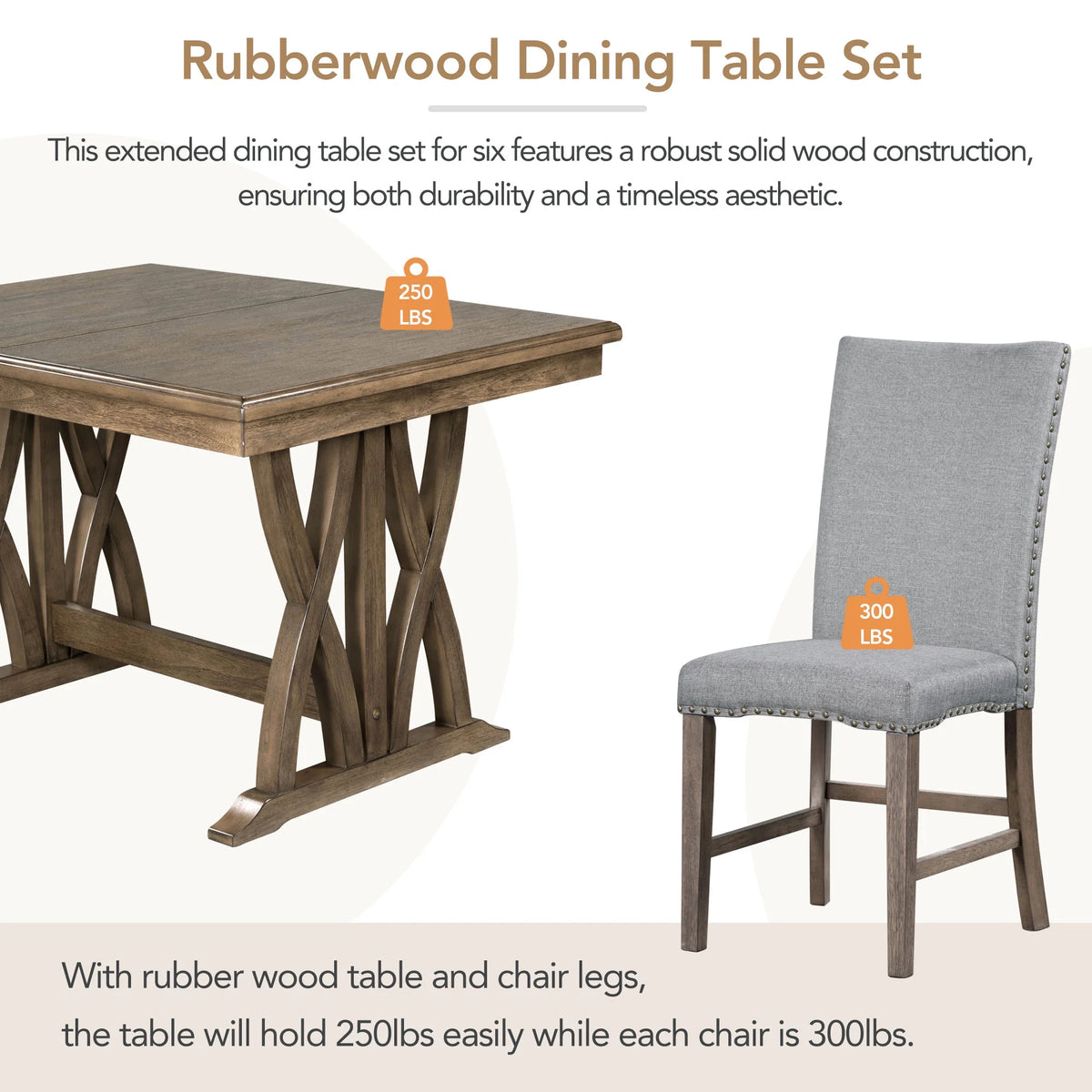 Harper & Bright Designs Farmhouse 7 Pieces Extendable Dining Table Set for 6, Solid Wood Kitchen Table with Butterfly Leaf and 6 Upholstered Chairs, Brown