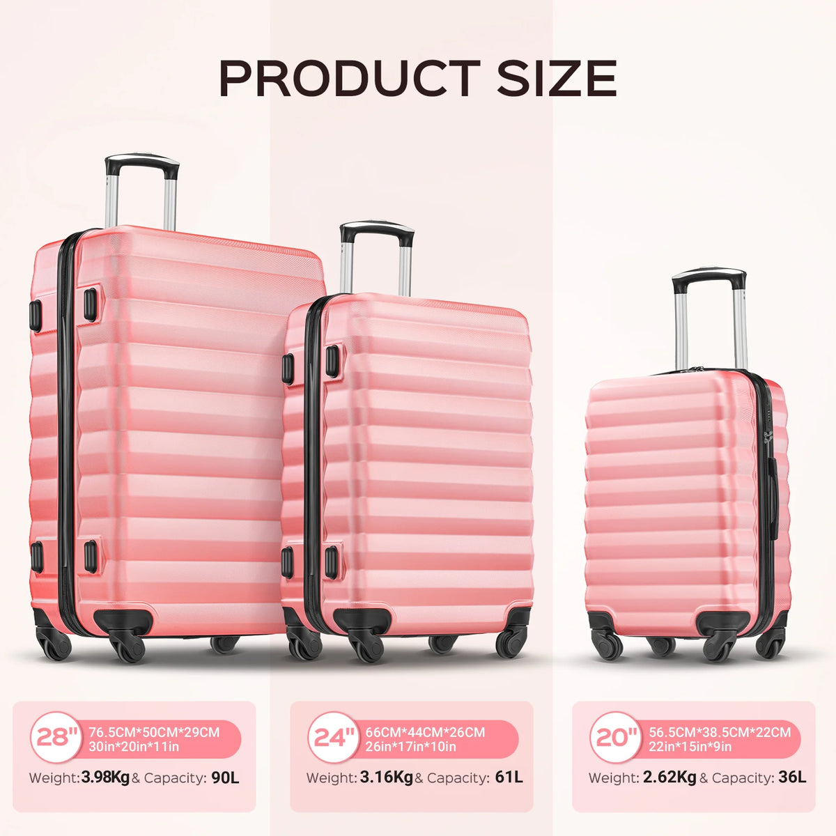 9 Piece Luggage Sets, Hard 20 24 28 inch Luggage with 6 Pieces Organize Bags Travel Suitcases Sets with Wheels, Rose