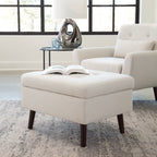 OFM Mid Century Modern Tufted Fabric Storage Ottoman, Walnut Legs, in Beige