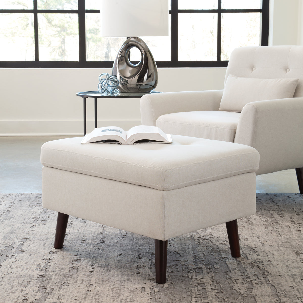 OFM Mid Century Modern Tufted Fabric Storage Ottoman, Walnut Legs, in Beige