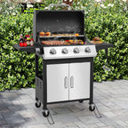 4-Burner Gas Grill with 4 Universal Wheels & Bottle Opener, 40000BTU Outdoor Grill with Side Table for Camping, Black & Sliver