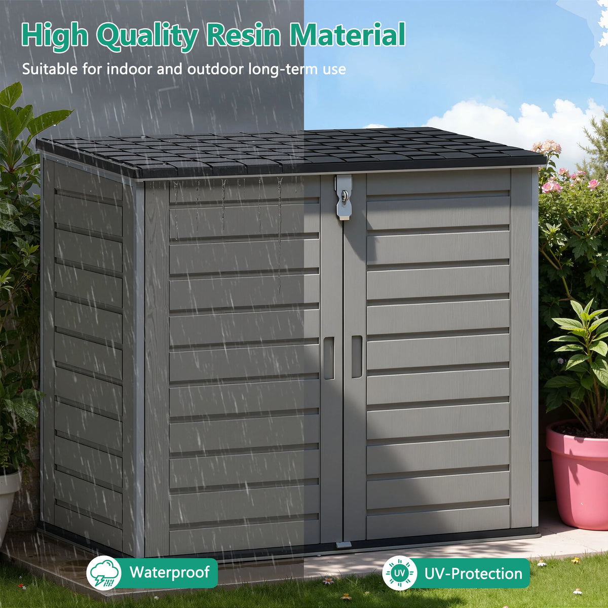 51 Cu Ft Outdoor Storage Shed, Resin Storage Cabinet with Door & Lock, Multi-Purpose Outdoor Shed for Garbage Cans, Garden Tools, Bikes, Easy to Assemble, Gray
