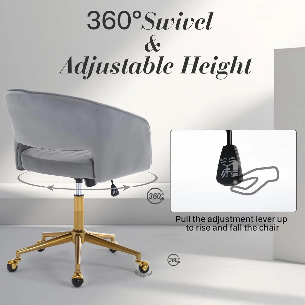 Home Office Swivel Desk Chair, Modern Velvet Vanity Chair, Height Adjustable Armchair with Gold Base, Ergonomic Office Chair for Task Study Computer Room, Beige