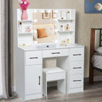 Yamissi Makeup Vanity with 3 Color Lights, Vanity Desk with Sliding Mirror, Vanity Set Makeup Table, Storage Drawers and Shelves, White